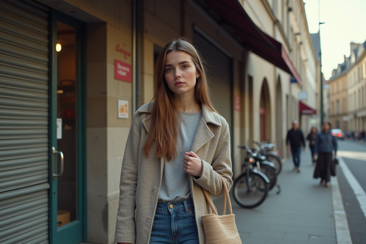 Jeune femme française devant une boulangerie fermée en automne