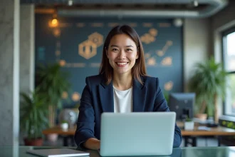 Femme confiante au bureau avec ordinateur et graphiques blockchain