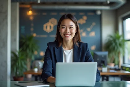 Femme confiante au bureau avec ordinateur et graphiques blockchain