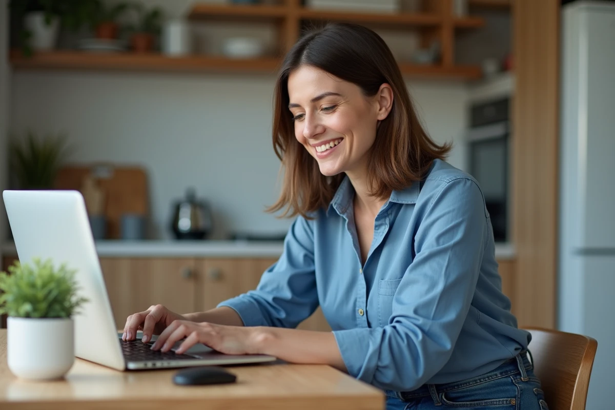 Femme assise à une table de cuisine avec ordinateur dans un intérieur moderne
