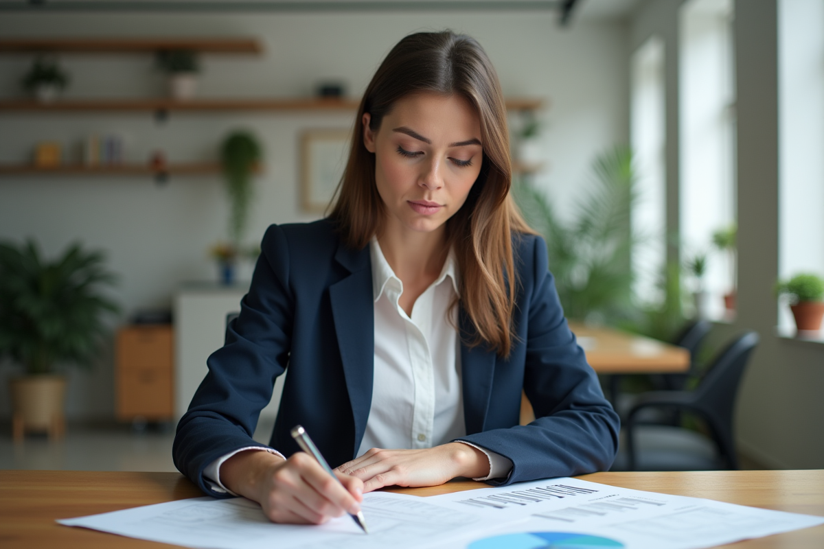 Femme en blazer bleu dans un bureau lumineux