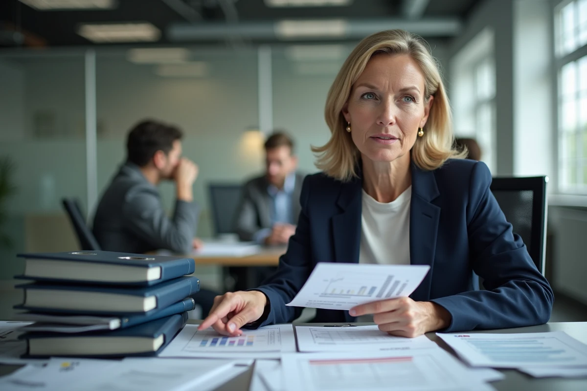 Femme en blazer pointant un graphique dans un bureau moderne