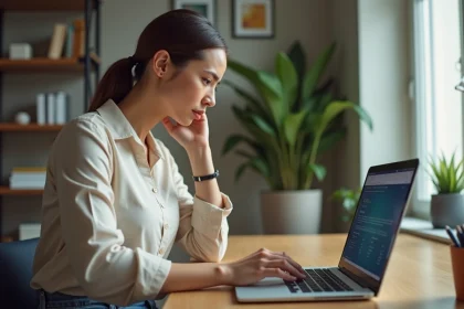 Femme concentr&eacute;e sur son ordinateur dans un bureau moderne