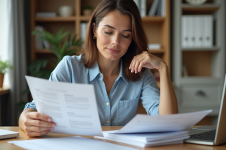 Femme en bureau organisé examinant des documents