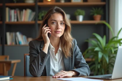 Femme d'&acirc;ge moyen au bureau moderne avec smartphone