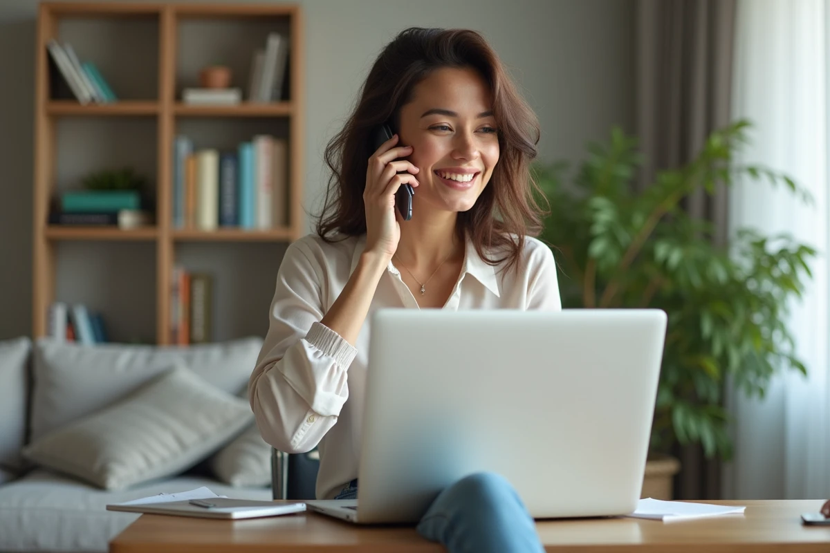 Femme en télétravail dans un bureau lumineux et moderne