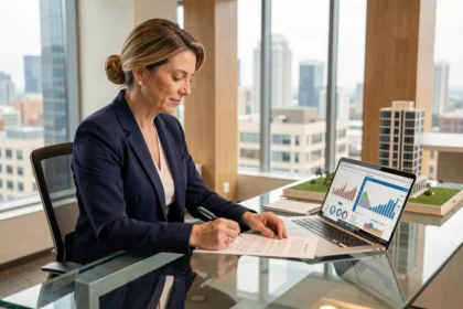 Femme cadre analysant des documents de placement immobilier SCPI dans un bureau moderne avec vue sur la ville