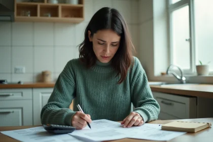 Femme consultant ses fiches de paie et documents pour calculer sa prime d'activité avec des revenus variables