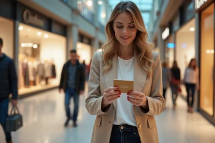 Femme tenant une carte cadeau UpCadhoc devant l'entrée d'un magasin dans un centre commercial moderne