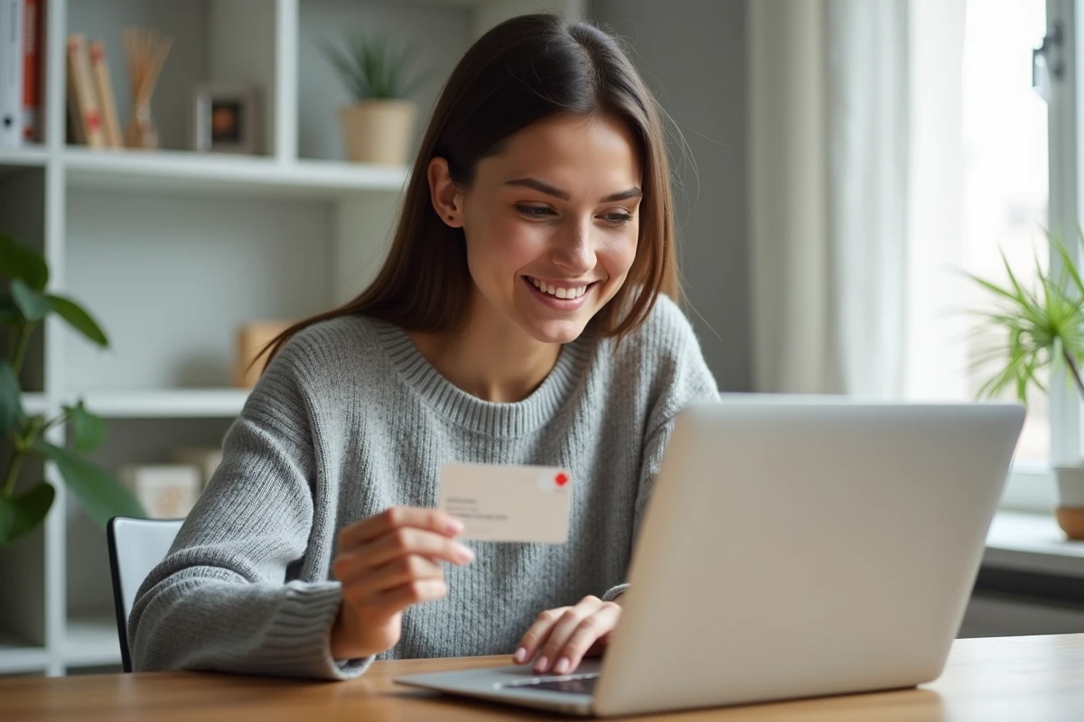 Femme tenant un chèque Cadhoc devant un ordinateur portable pour le convertir sur Amazon