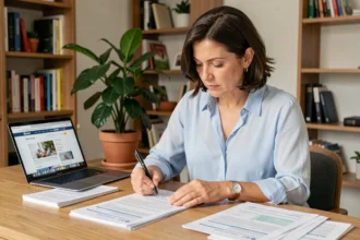 Femme comparant des contrats de mutuelle santé à son bureau à domicile