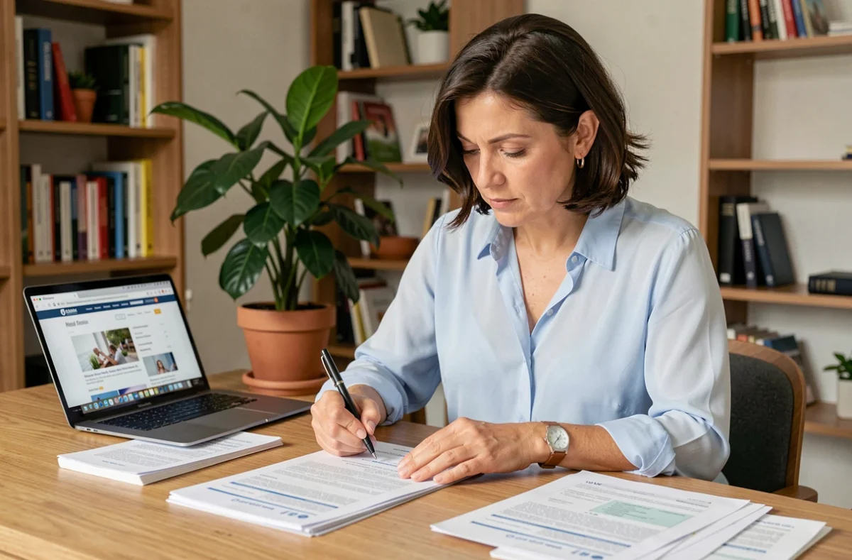 Femme comparant des contrats de mutuelle santé à son bureau à domicile