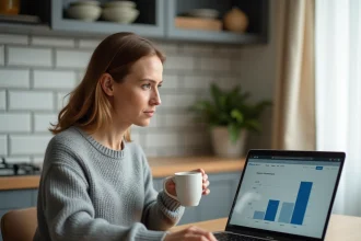 Femme comparant les taux bancaires sur son ordinateur portable dans une cuisine moderne