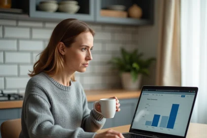 Femme comparant les taux bancaires sur son ordinateur portable dans une cuisine moderne