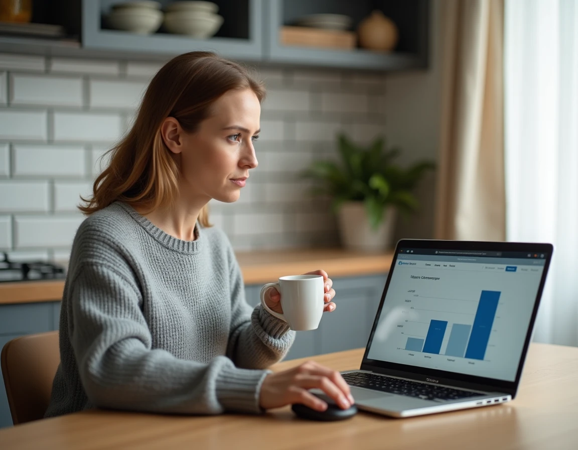 Femme comparant les taux bancaires sur son ordinateur portable dans une cuisine moderne