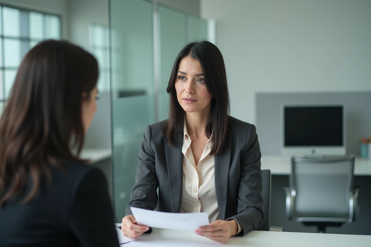 Femme en entretien avec un conseiller Pôle Emploi pour comprendre le calcul de ses indemnités de licenciement et allocations chômage