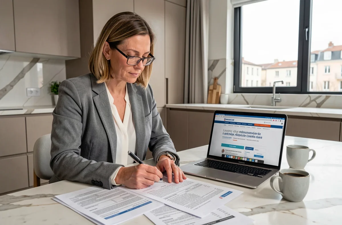 Femme consultant ses documents fiscaux et le site des impôts sur un ordinateur portable, en lien avec la flat tax et le prélèvement forfaitaire unique
