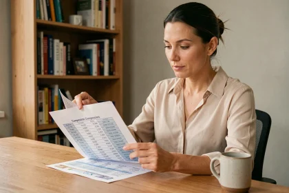 Femme calculant la conversion de 1000 francs en euros à son bureau avec un tableau de taux de change