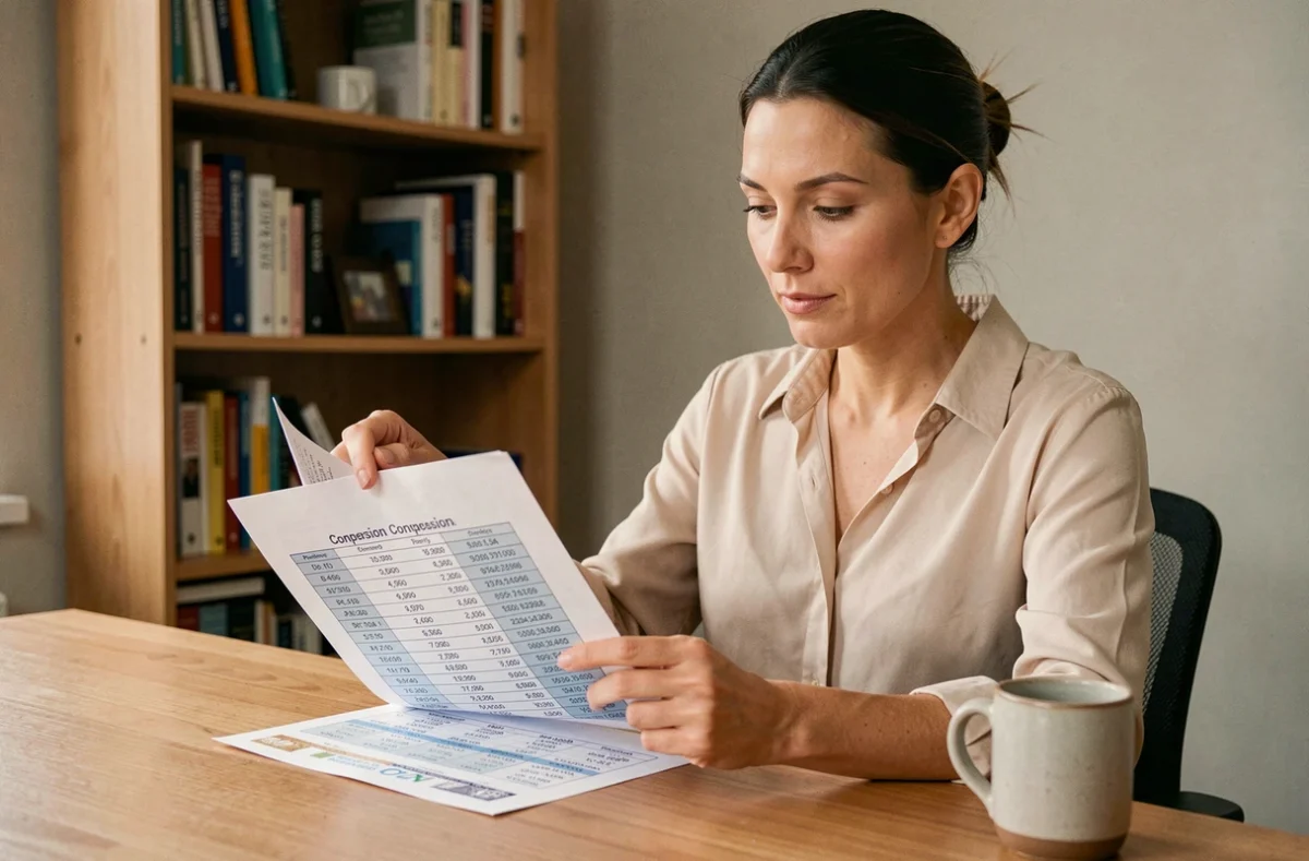 Femme calculant la conversion de 1000 francs en euros à son bureau avec un tableau de taux de change