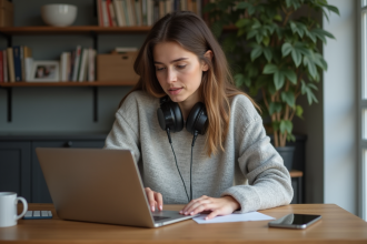 Jeune femme regardant des actualités crypto sur son ordinateur