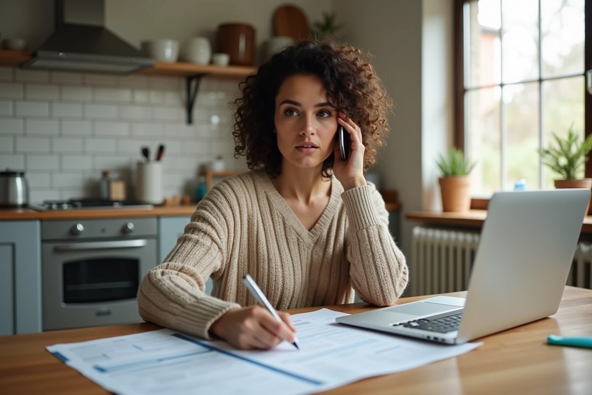 Femme organisant ses documents d'assurance et appelant ECA depuis sa cuisine après un sinistre
