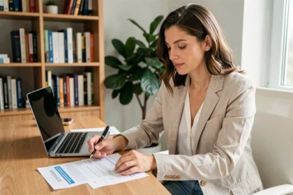 Femme examinant des documents d'assurance voyage ATE à son bureau à domicile
