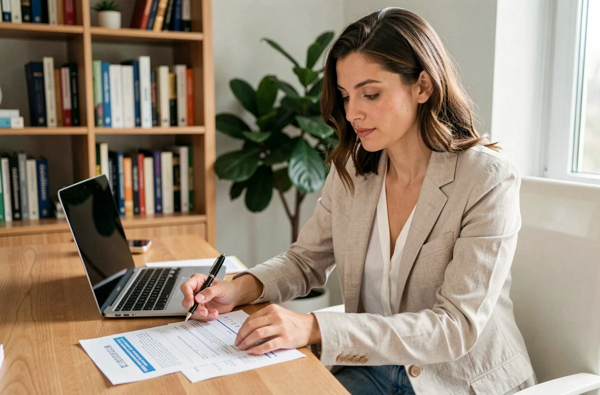 Femme examinant des documents d'assurance voyage ATE à son bureau à domicile