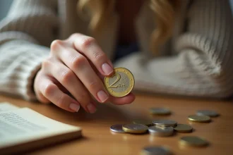 Femme examinant attentivement une pièce de 2 euros rare dans sa main, entourée de pièces de monnaie et d'un catalogue numismatique