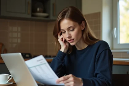 Femme consultant ses fiches de paie et documents financiers à une table de cuisine pour vérifier ses droits aux aides sociales