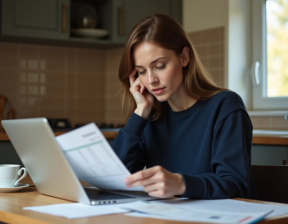Femme consultant ses fiches de paie et documents financiers à une table de cuisine pour vérifier ses droits aux aides sociales