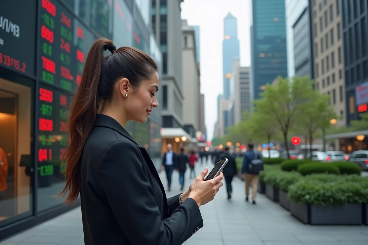 Jeune femme surveillant la bourse avec son smartphone en ville