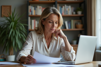 Femme d'âge moyen analysant ses documents financiers à son bureau