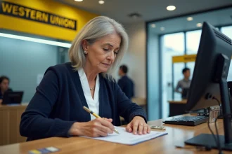 Une femme remplit un formulaire de virement Western Union au guichet d'une agence de transfert d'argent