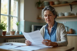 Femme française dans sa cuisine relisant ses factures