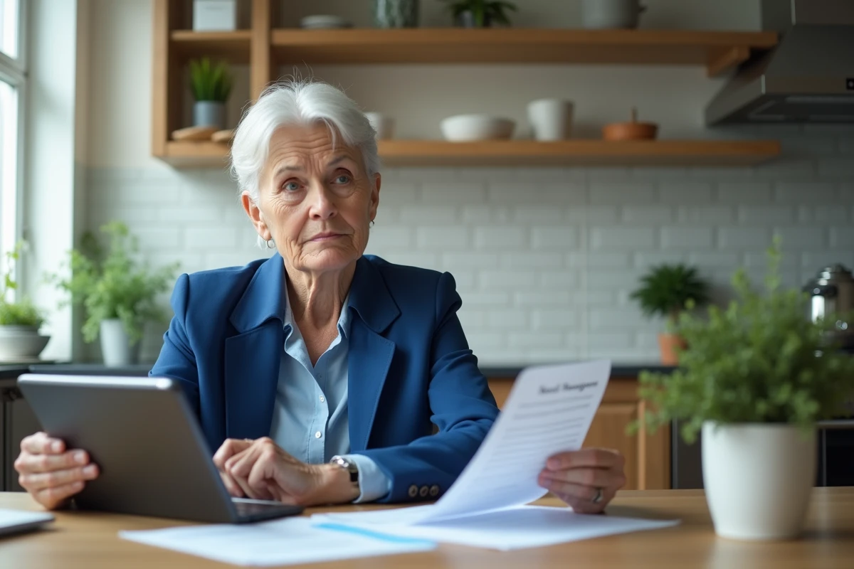 Femme d'âge mûr en blazer bleu examine documents financiers