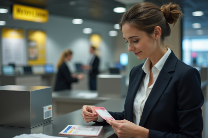 Femme d affaires tenant une carte d identit&eacute; et des billets euro