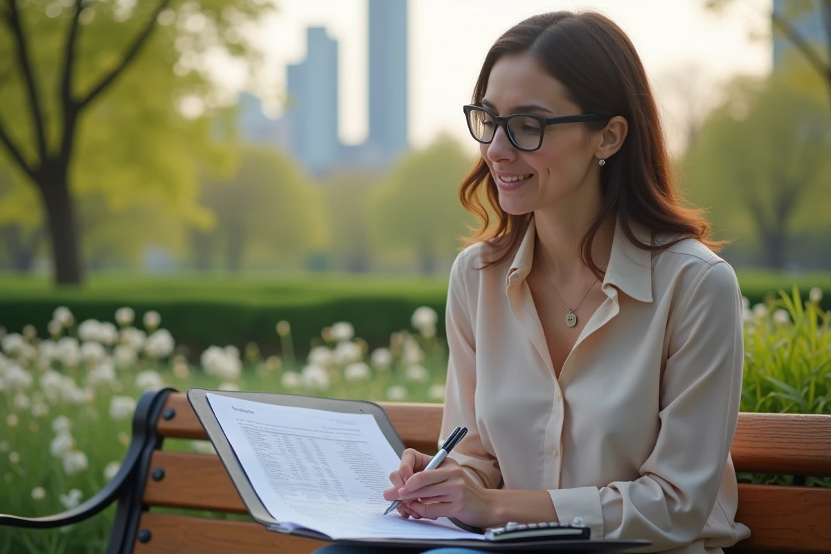 Femme en ext&eacute;rieur analysant des documents d