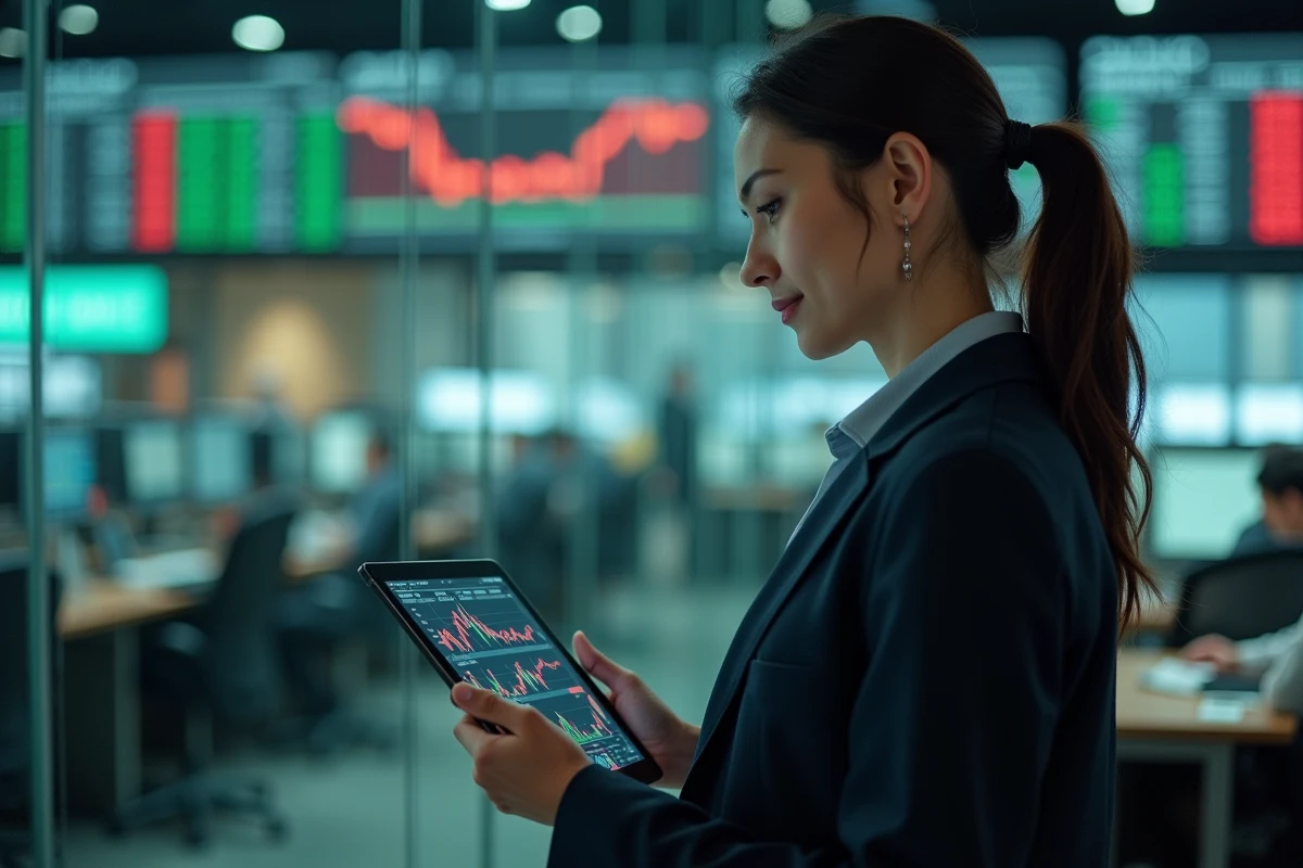 Femme investisseure consultant la cotation d'ArcelorMittal en temps réel sur une tablette dans une salle de trading financière