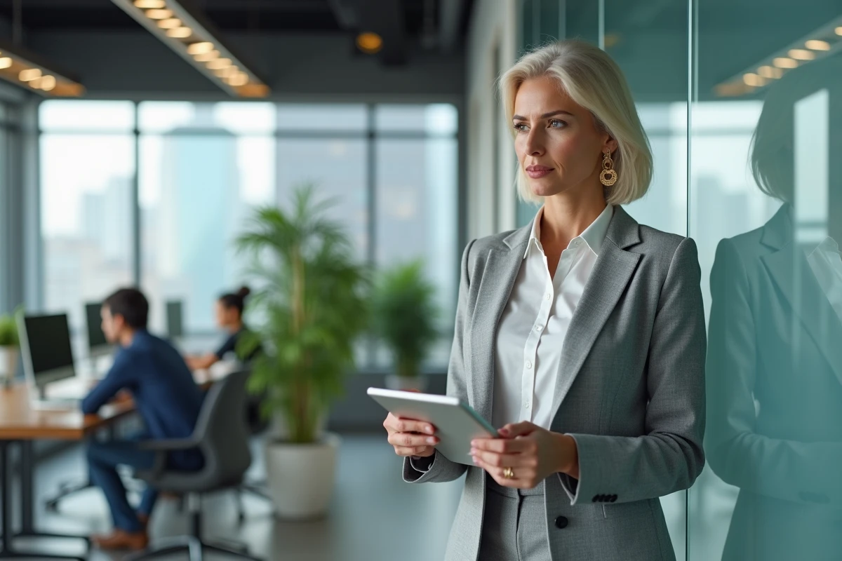 Femme professionnelle consultant une interface de lending crypto sur tablette dans un espace de coworking