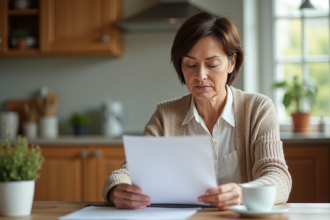 Femme d'âge moyen lisant un document dans la cuisine