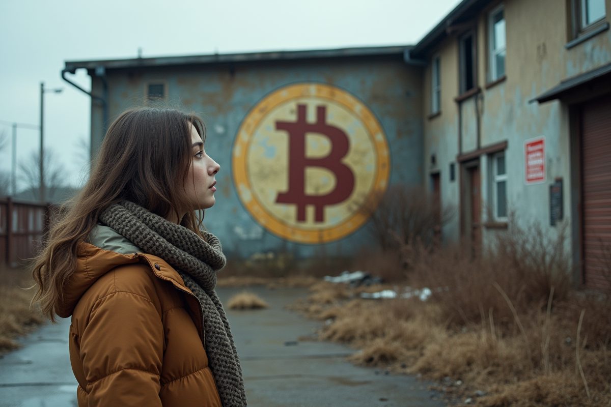 Jeune femme regardant un mur Bitcoin dégradé à l