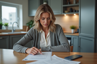 Femme d'âge moyen dans une cuisine moderne examine des documents