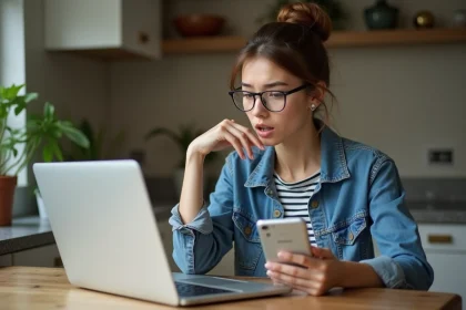 Femme assise &agrave; une table de cuisine moderne avec ordinateur portable