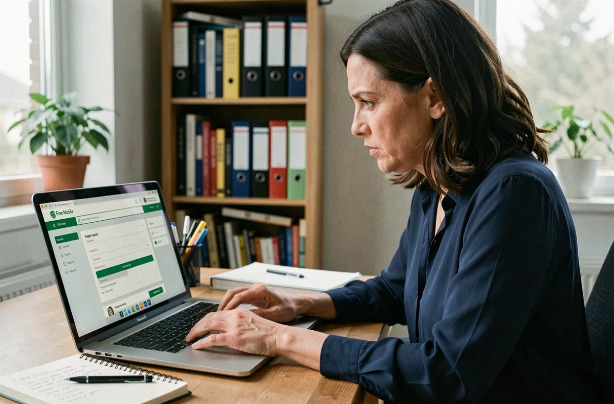 Femme essayant de régler sa facture Free Mobile sur un ordinateur portable depuis son bureau à domicile