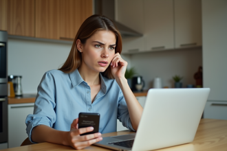 Jeune femme d'affaires regarde son smartphone avec paiement refuse