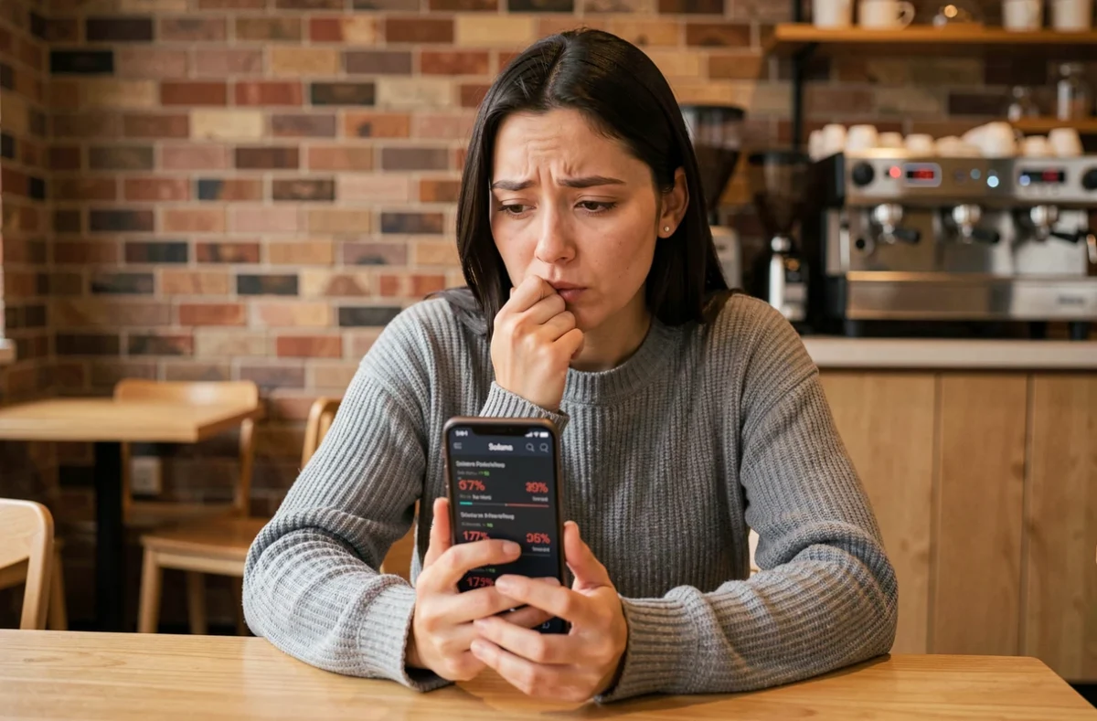 Femme inquiète consultant les pertes de son portefeuille Solana sur smartphone dans un café