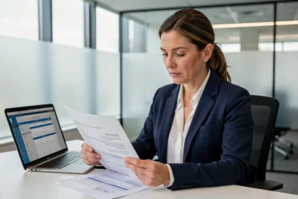 Femme professionnelle examinant des documents d'assurance automobile professionnelle dans un bureau moderne