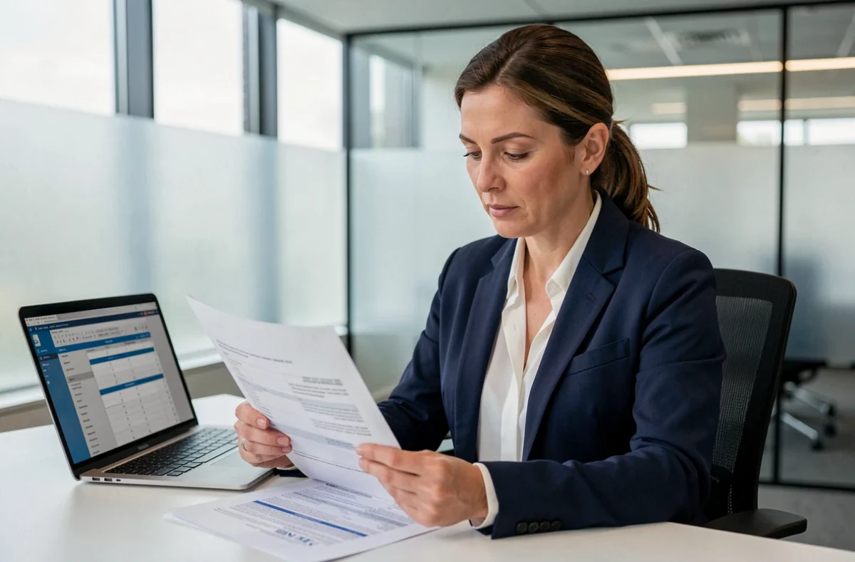 Femme professionnelle examinant des documents d'assurance automobile professionnelle dans un bureau moderne