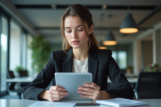 Femme d affaires avec tablette dans un bureau moderne