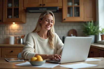 Femme souriante utilisant une carte Kad&eacute;os Infini &agrave; la maison